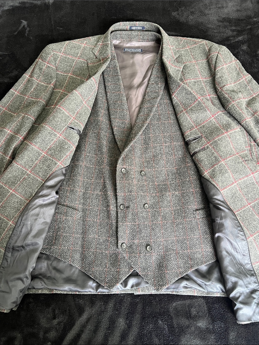 100% Wool jacket with a West , Gray Windowpane with Red Overcheck